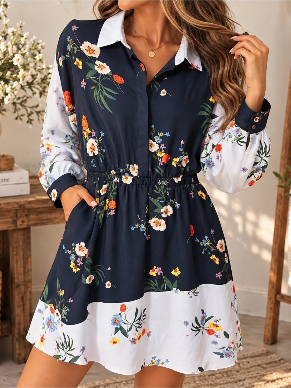 Floral Button-Front Navy and White Shirt Dress